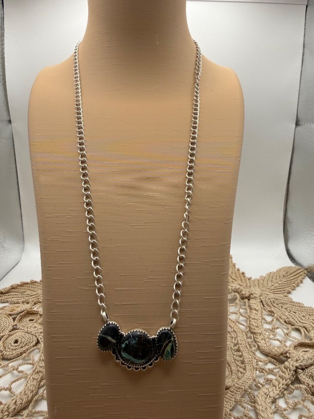 3 Stone Black Jack Turquoise Sterling Silver Chunky Link Statement Necklace Adj